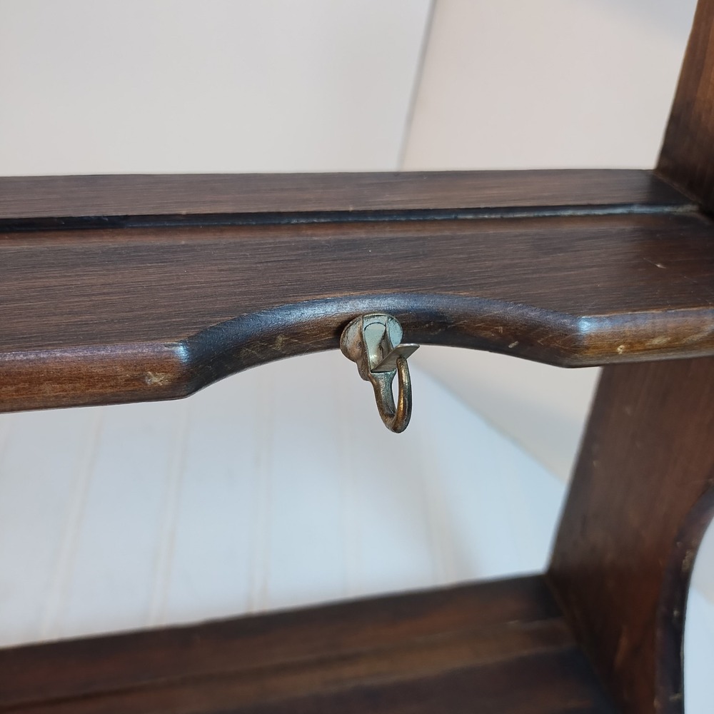 VTG Wood Wall Shelf Cup Saucer Plate 2 Tier Rack 6 Hook Farmhouse Country Retro - Picture 7 of 16